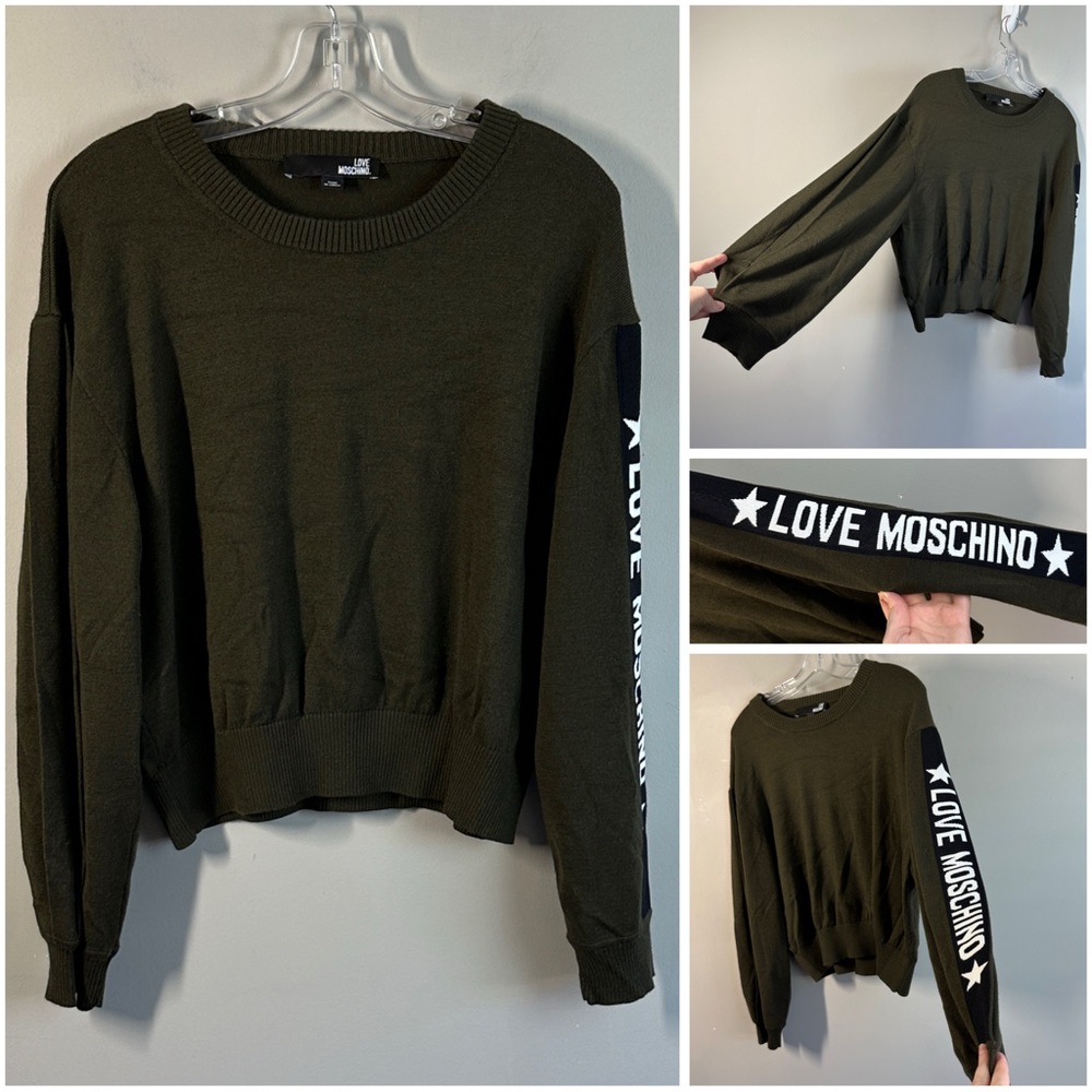 Love Moschino Womens Green Stripe Spell Out Sleeve Wool Sweater Size S Oversized